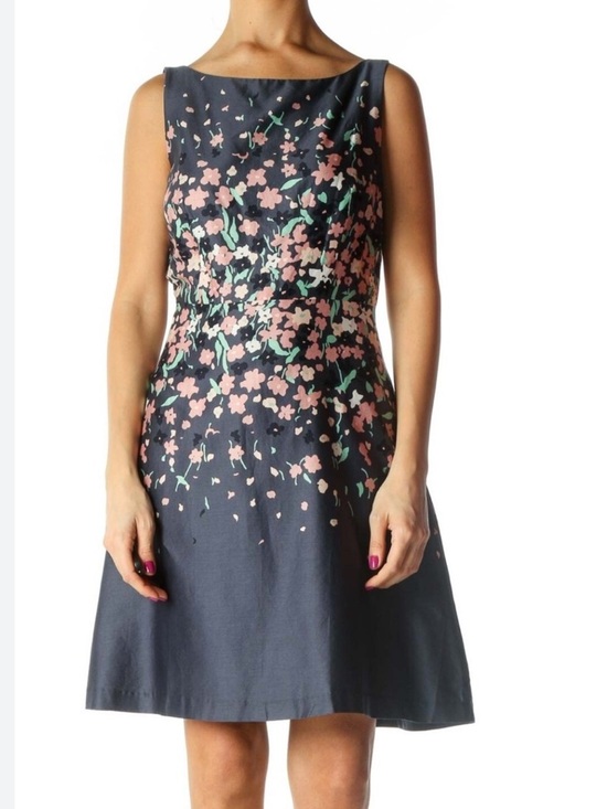 LOFT Dresses & Skirts - NWT Loft Outlet Blue Floral Sunshine Fit and Flare Boatneck Lined Dress. Midi.